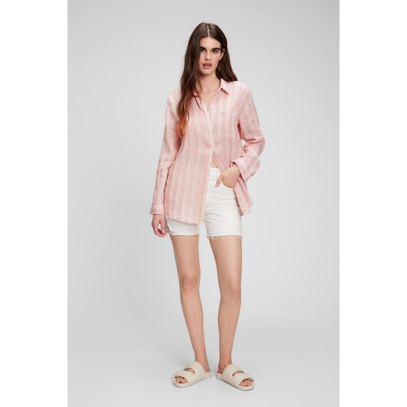 GAP Linen Boyfriend Shirt Pink Stripe Long Sleeve Tall Size Large - Picture 2 of 12